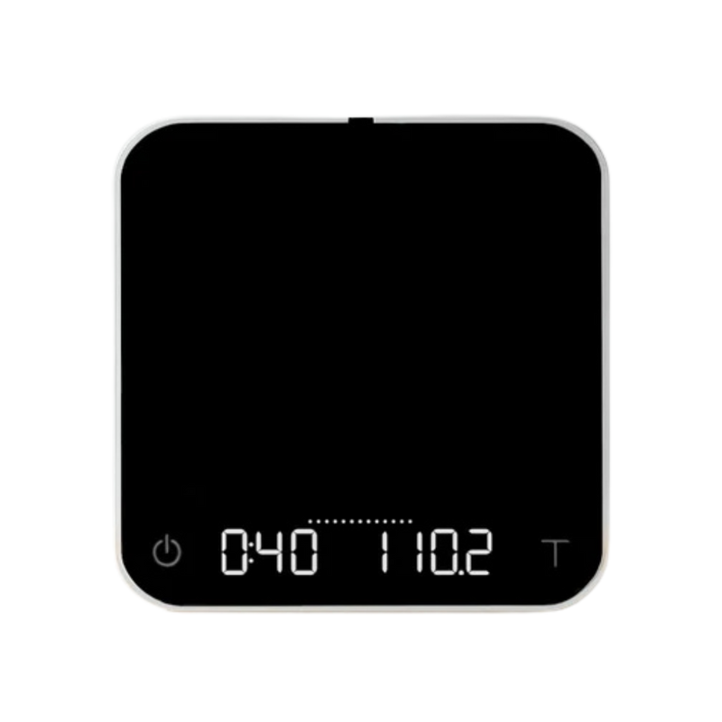 Black digital kitchen scale with digital display on a white background