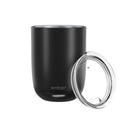 Black insulated tumbler with clear lid on a white background, featuring the Ember brand.