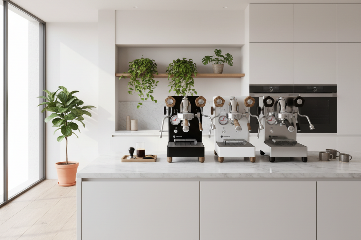 Three lelit marax3 vespresso machines shown side by side on a plain white background: one black, one white, and one stainless steel.