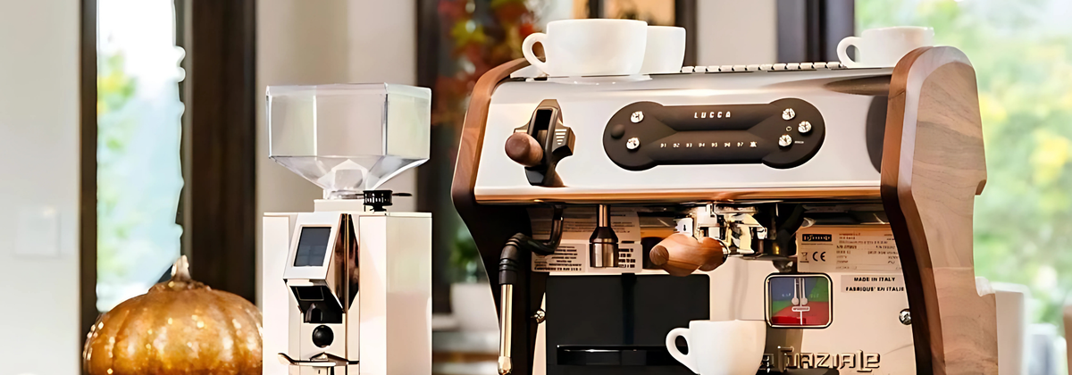 lucca a53 mini espresso machine with walnut accents in a bright kitchen