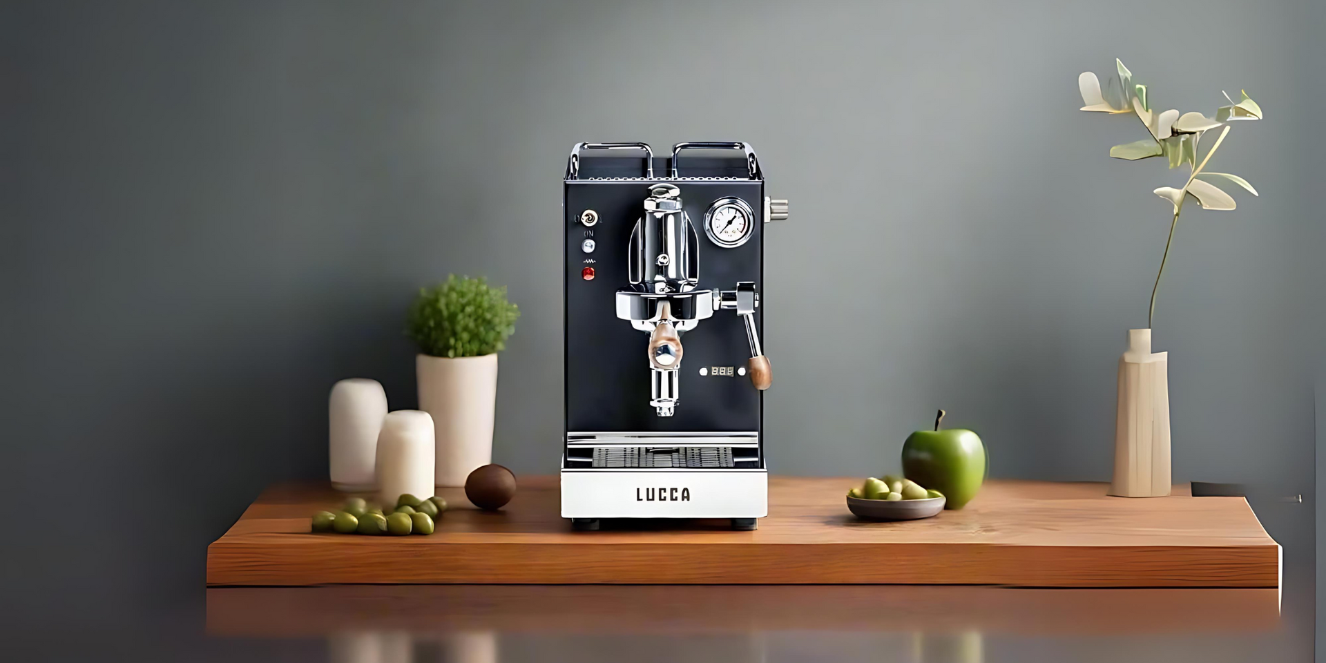 lucca solo espresso machine in kitchen