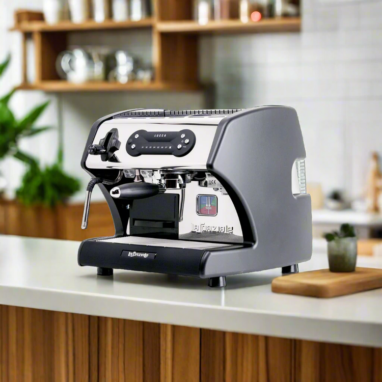 lucca a53 mini black espresso machine in kitchen