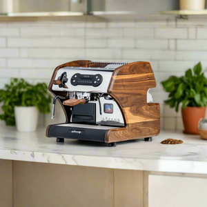 lucca a53 mini espresso machine walnut kitchen shot