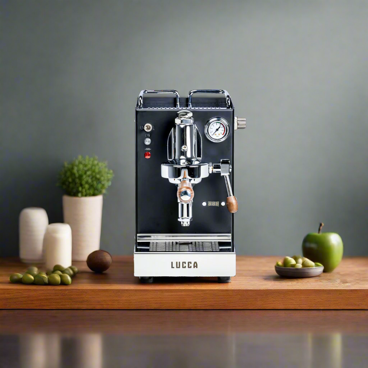 lucca solo black espresso machine in kitchen