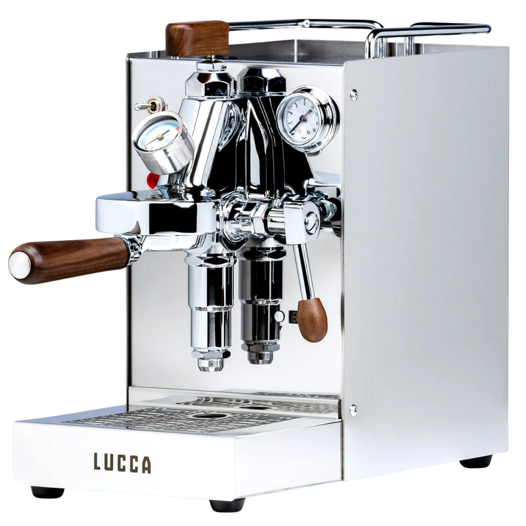 lucca solo espresso machine stainless with flow control hero