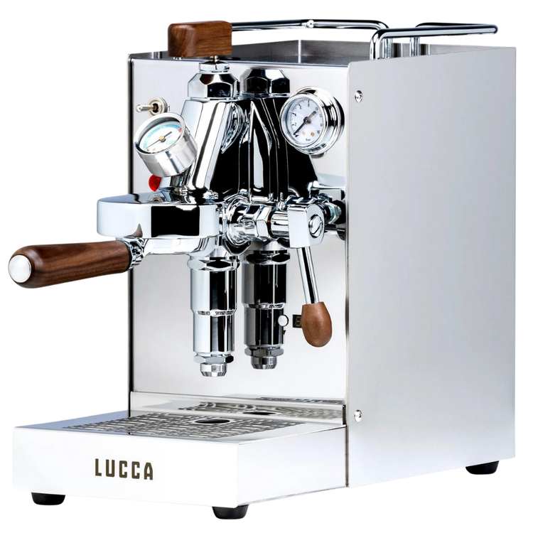 lucca solo espresso machine stainless with flow control hero