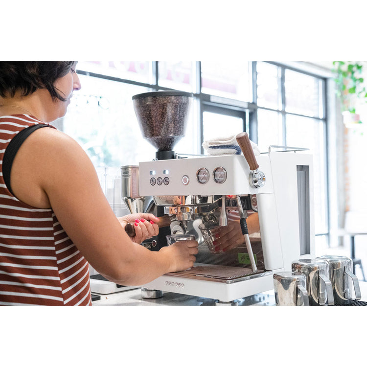 ascaso baby t espresso machine white being used by barista