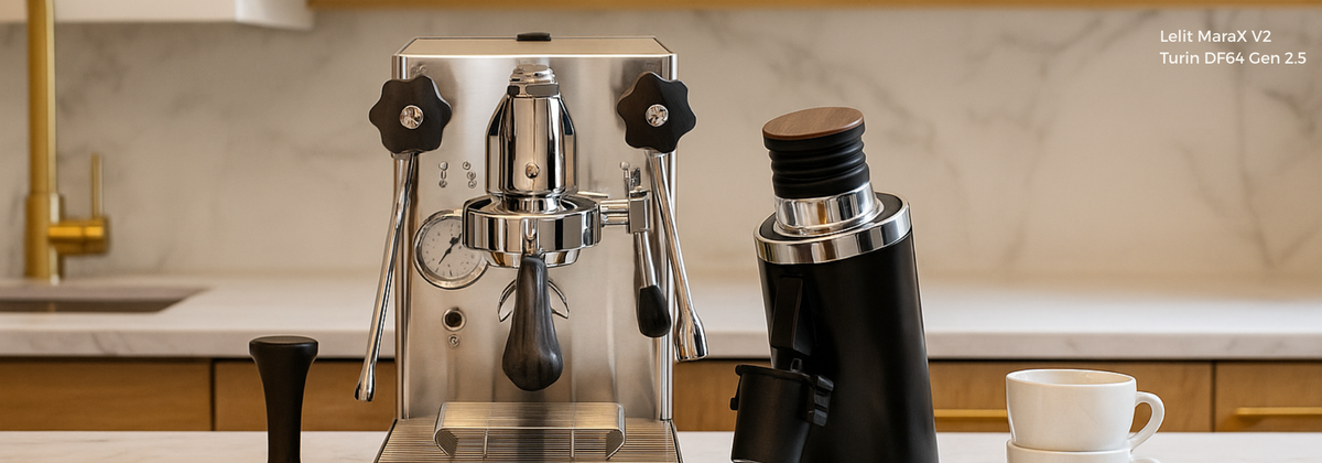turin df64 next to a lelit mara x espresso machine