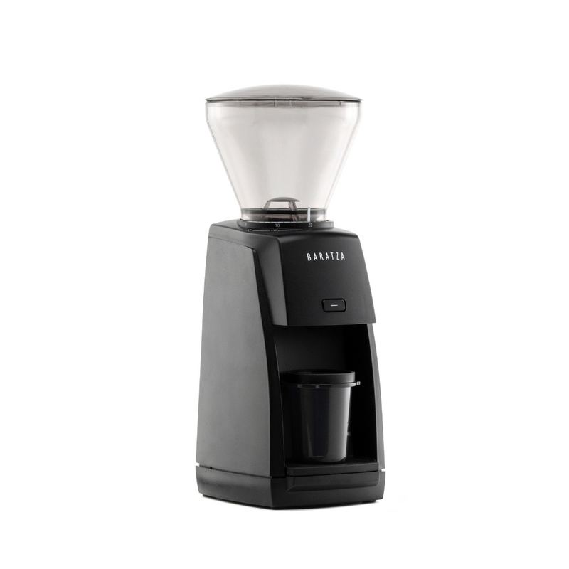 Baratza Encore ESP espresso grinder in black with the grounds bin