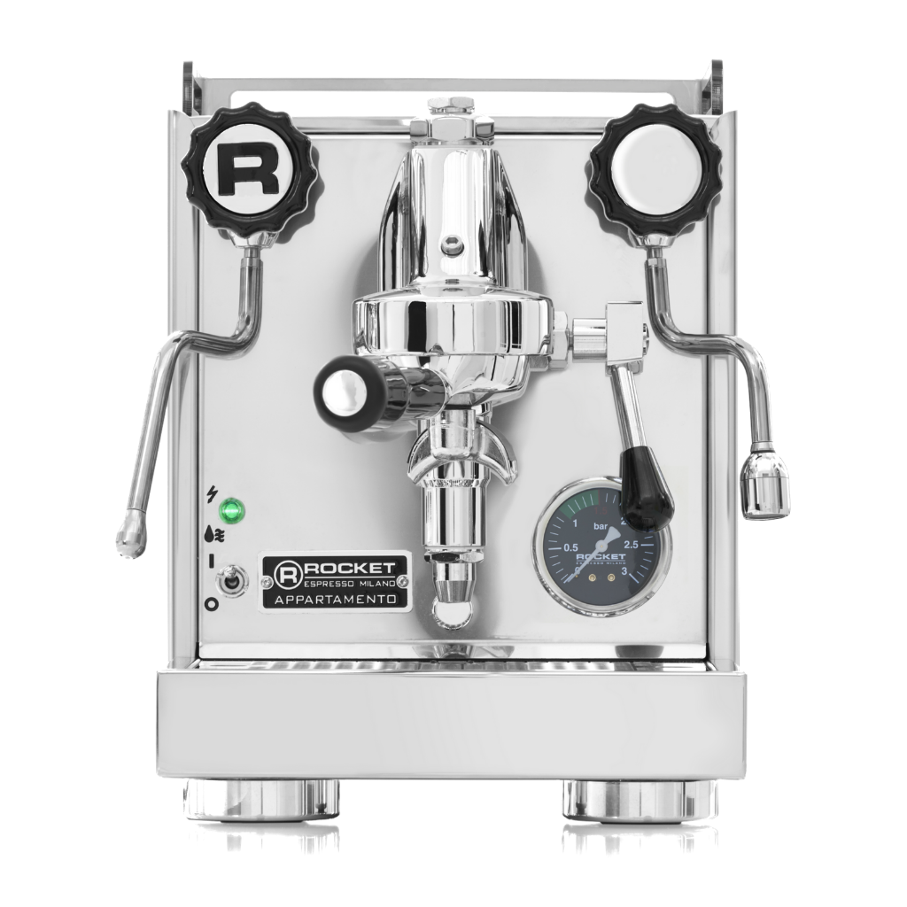 Front view of Rocket Espresso Appartamento White showing white accents